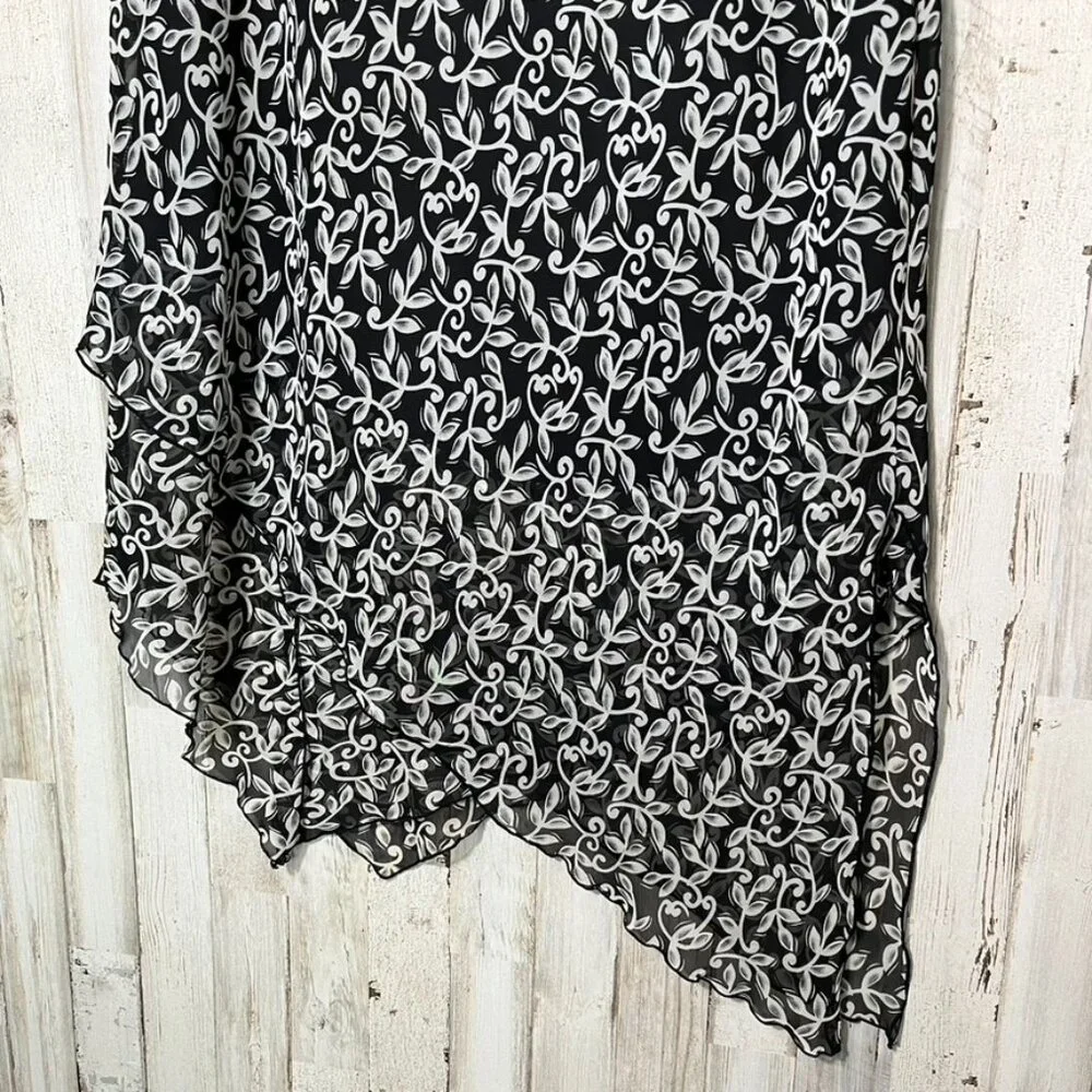 Vintage 90s Floral Black Cream Asymmetrical Midi Skirt Womens Size‎ 8/Medium